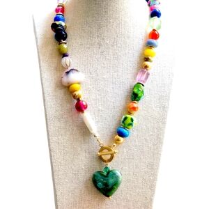 Chunky Multi Color Beaded Toggle Heart Charm Necklace, NEW 17" Farm Rio Style